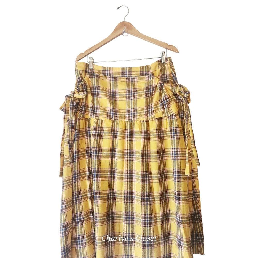 Yellow Drop Waist Midi Skirt XL Tartan Plaid Raw Hem Tie Pouch Pockets Boho Chic